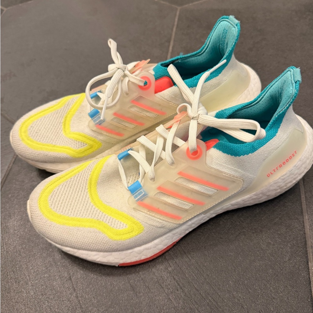 adidas White Knit Running Shoes with Neon Yellow and Teal Accents